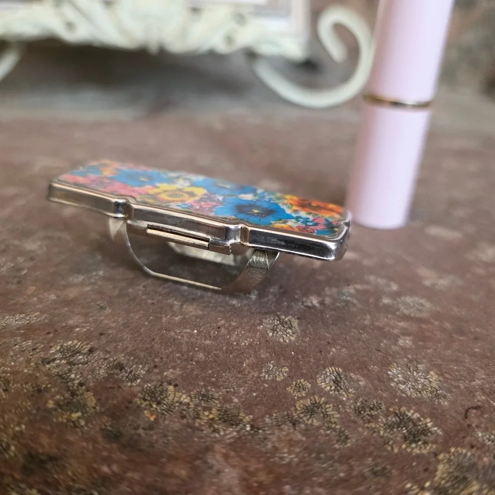 Vintage Floral Lipstick Case Holder with Mirror Silver Tone Metal Multi Color